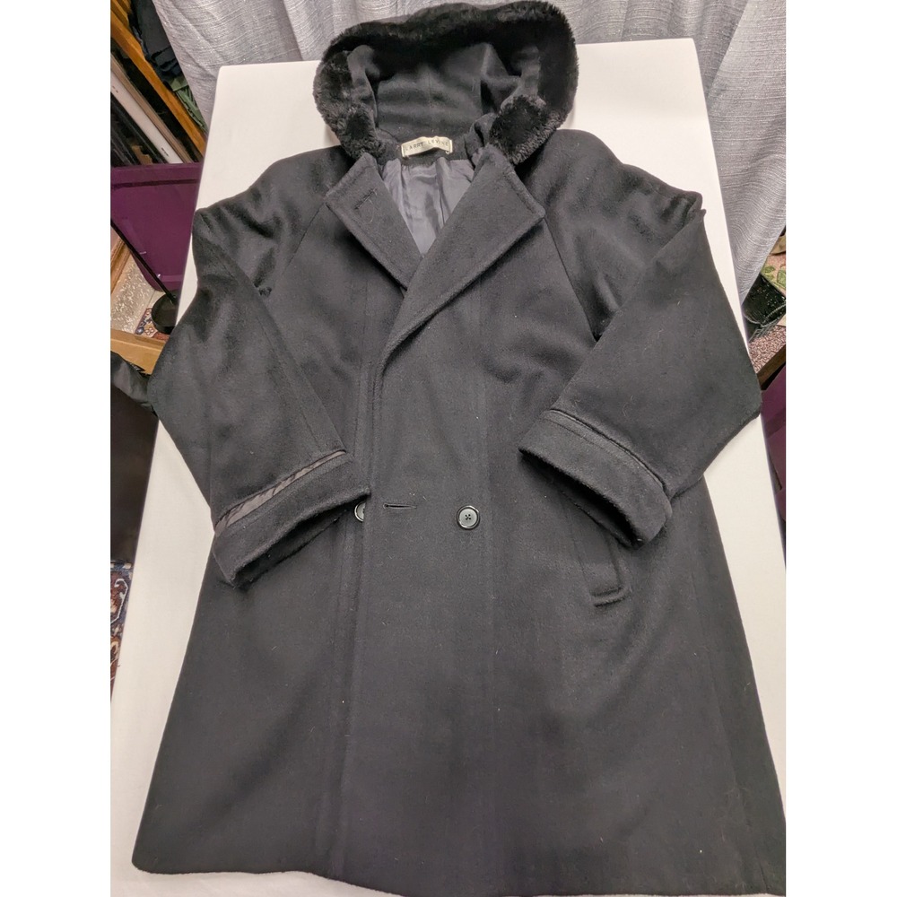 Larry Levine Womens Black Wool Blend Double Breasted Hooded Pea Coat Jacket